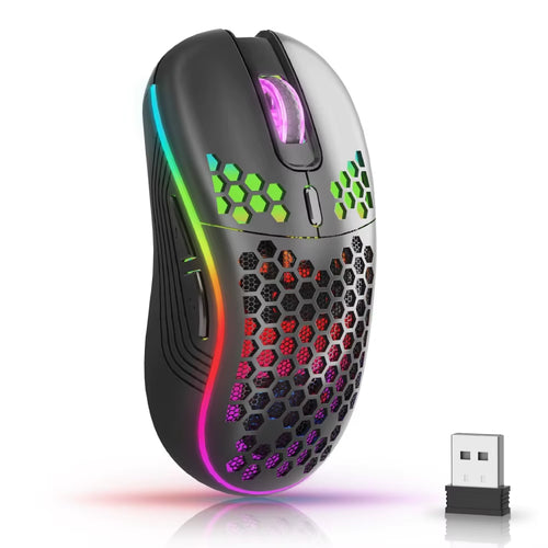 2.4G Wireless RGB Backlit Gaming Mouse with 6 Buttons, 3-Speed DPI, Type-C Rechargeable, Ergonomic Honeycomb Design