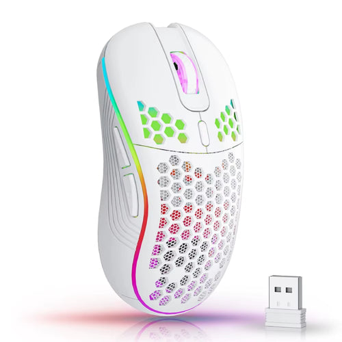 2.4G Wireless RGB Backlit Gaming Mouse with 6 Buttons, 3-Speed DPI, Type-C Rechargeable, Ergonomic Honeycomb Design